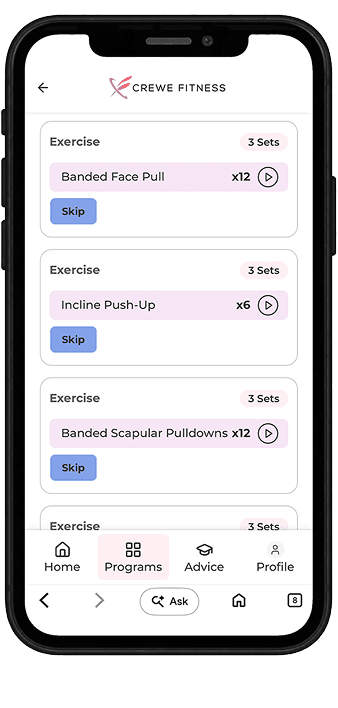 Workout screen with a skip button on each exercise